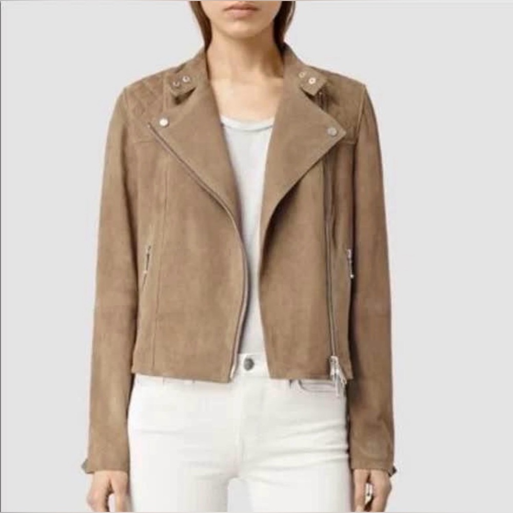 AllSaints Darrel Biker Suede Leather in Pale Brown